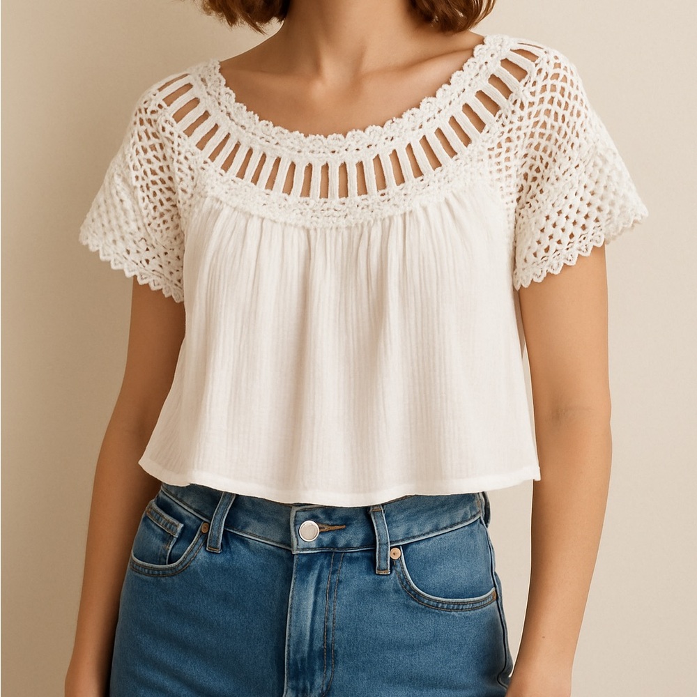 NWT RAGA White Crochet Boho Crop‎ Top – XS